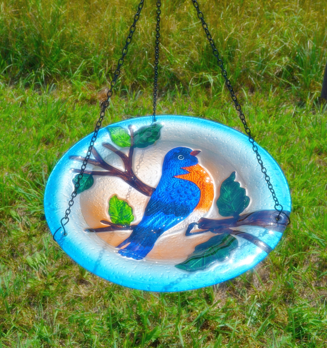Embossed Bluebird Glass Hanging Birdbath
